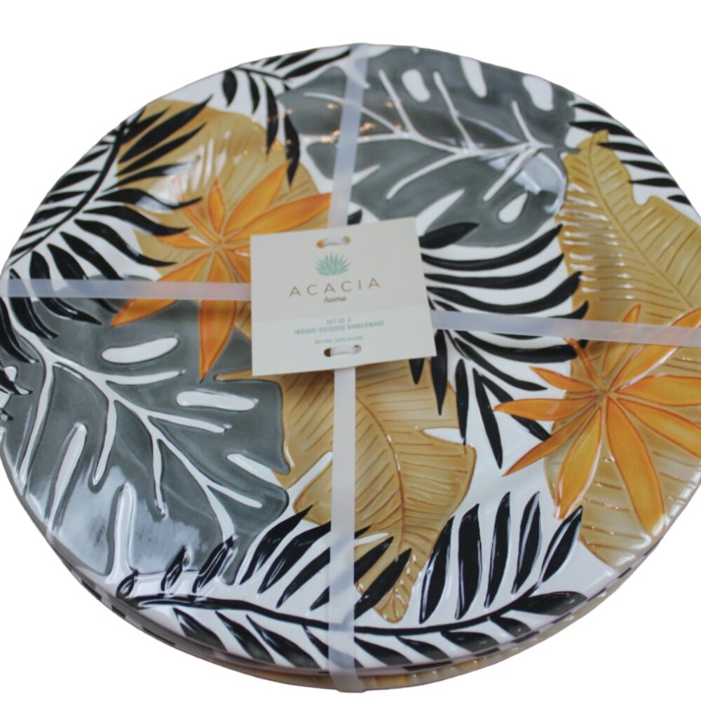 Acacia Home Melamine Dinner Plate Set 4 Tropical Leaf Black Gray Orange 11" NWT